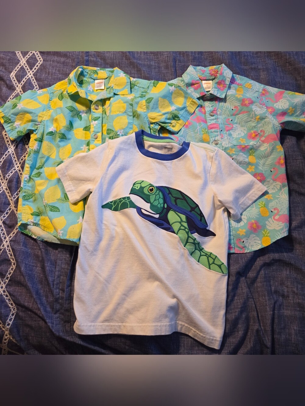 Gymboree White Tee with Green Sea Turtle Graphic + Two Tropical Button-Downs